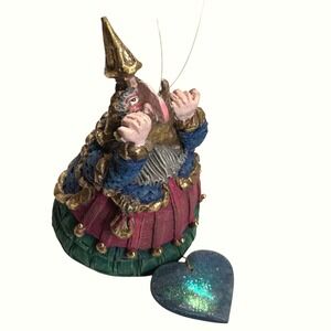 Whimsical Gnome Wizard Ornament Bell Blue Pink Green Gold Heart Charm